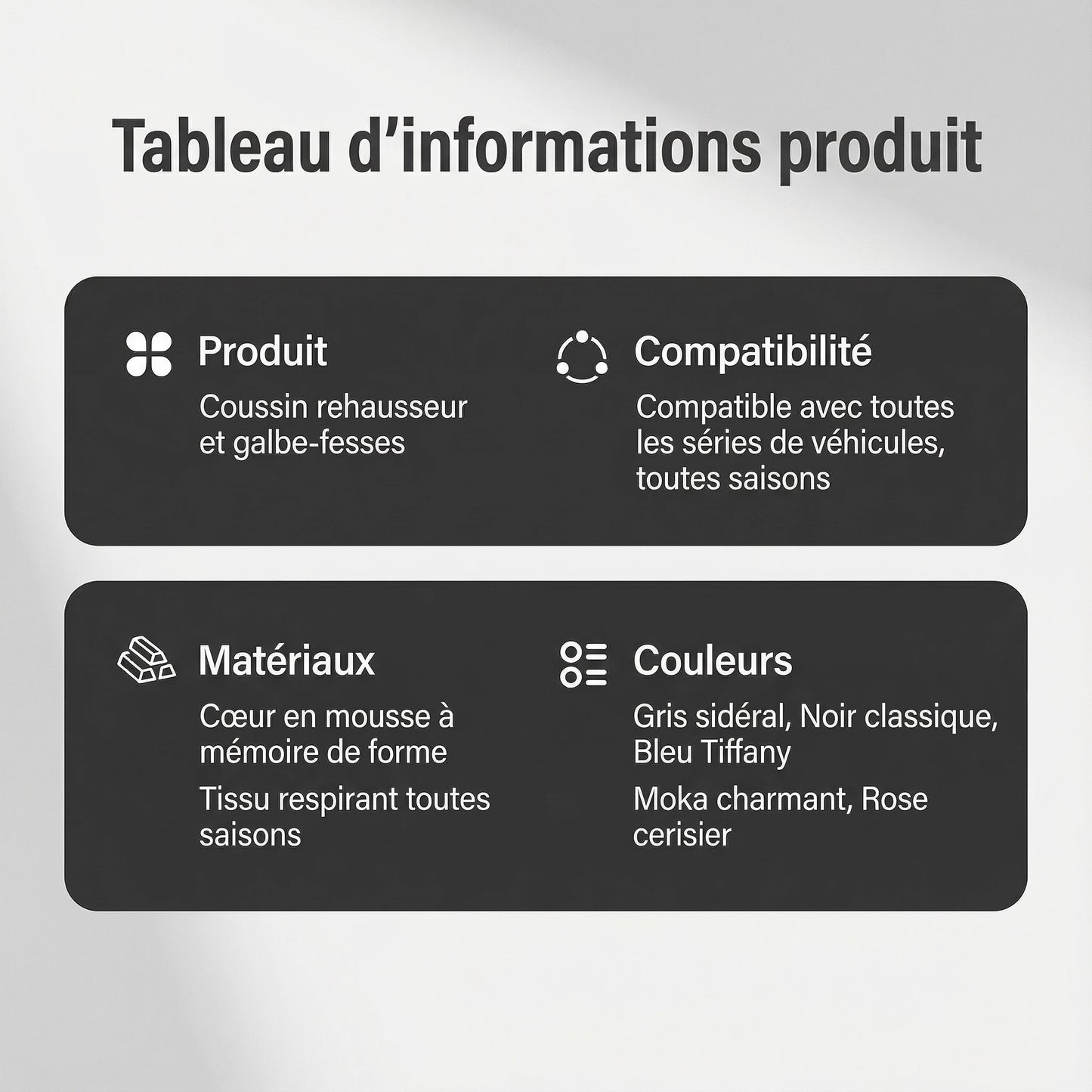 Tableau d'informations Produit Coussin Rehausseur
