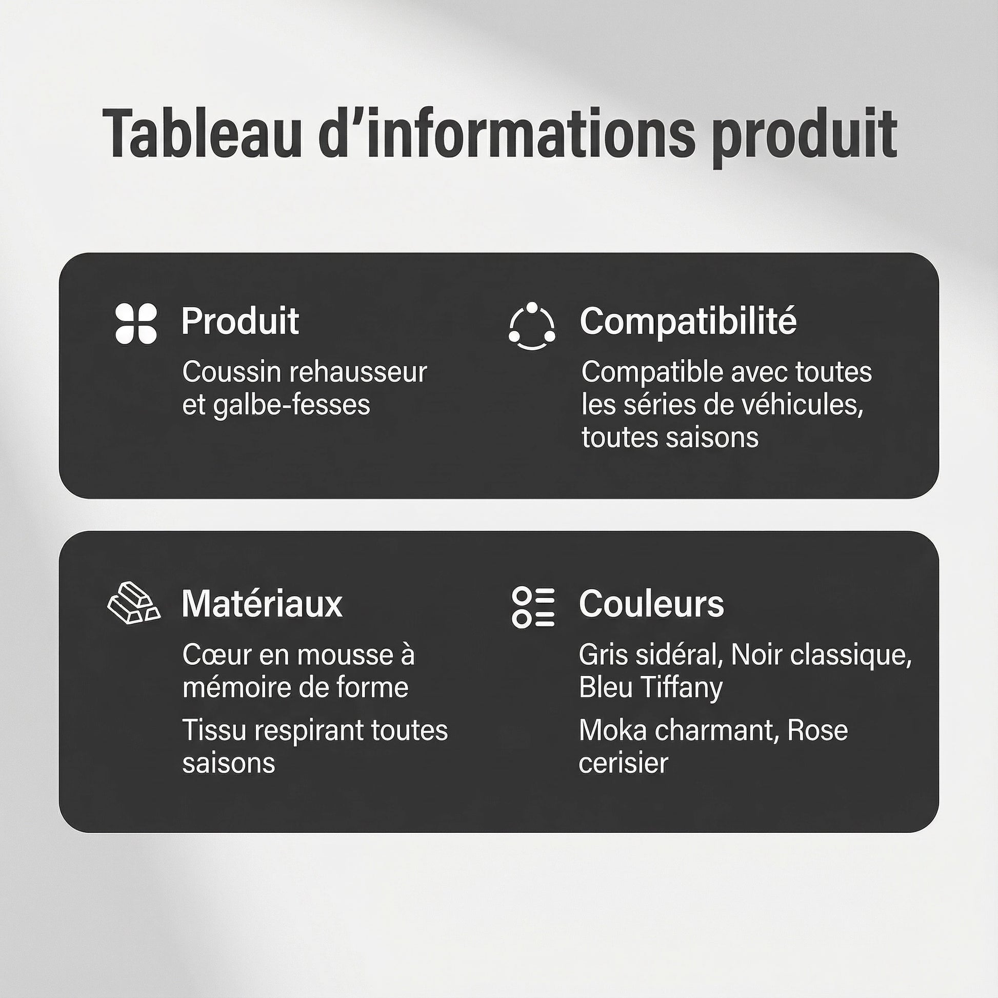 Tableau d'informations Produit Coussin Rehausseur